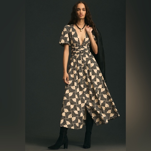 Anthropologie Katerina Button down Puff-Sleeve V-Neck Printed Maxi Dress Small - Picture 2 of 16